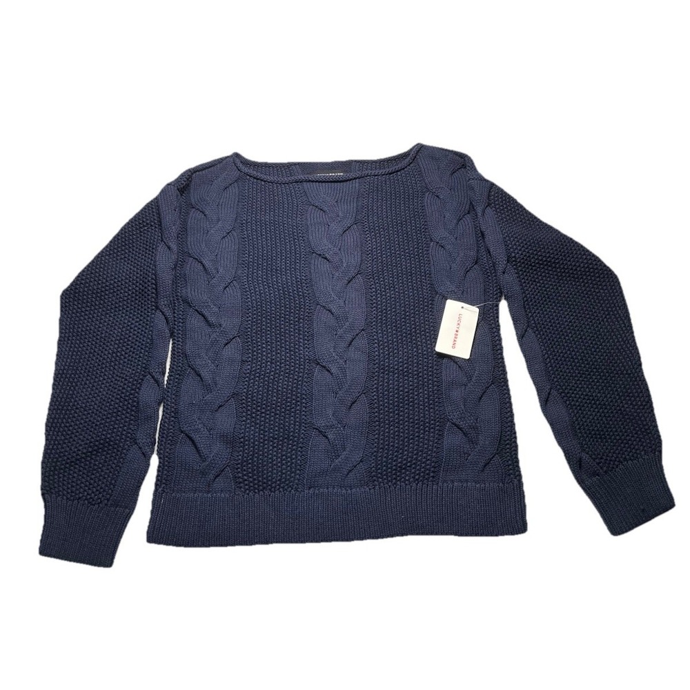 NWT Lucky Brand Womens Small Navy Cable Knit Boat Neck Pullover Sweater